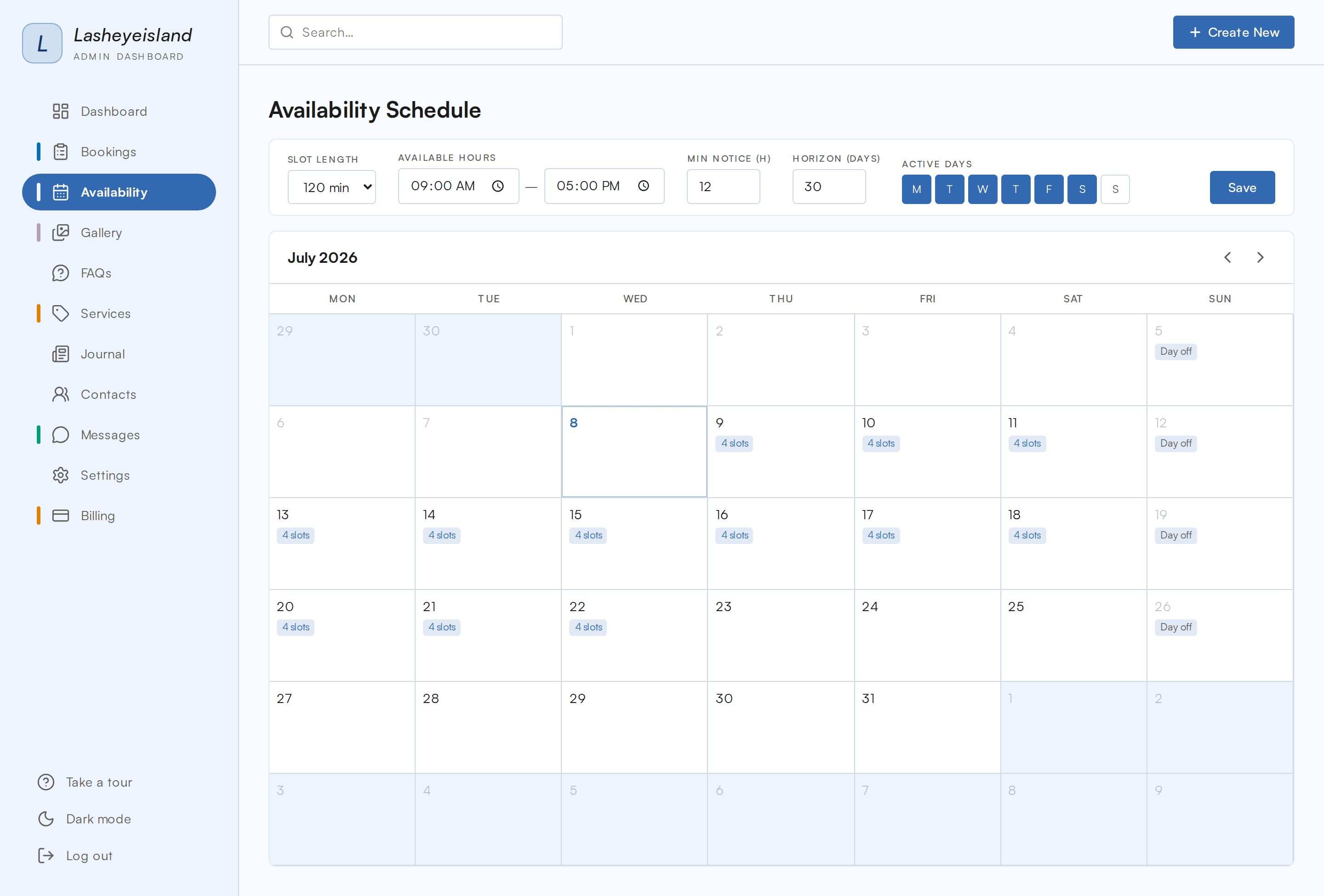 The Availability schedule in Wahy admin: hours, notice period and a booked calendar