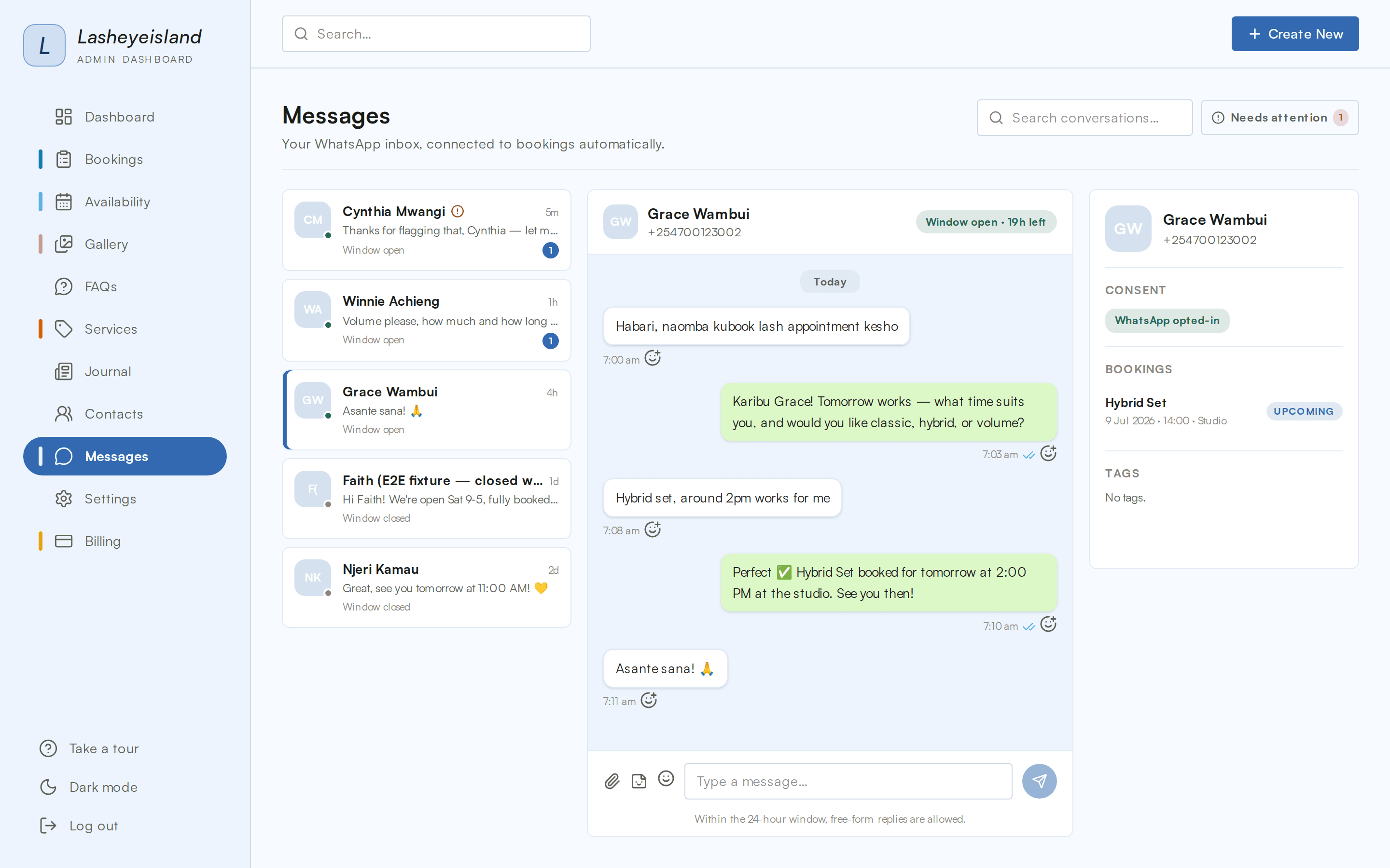 The Wahy admin WhatsApp inbox: a client thread ending in a confirmed booking